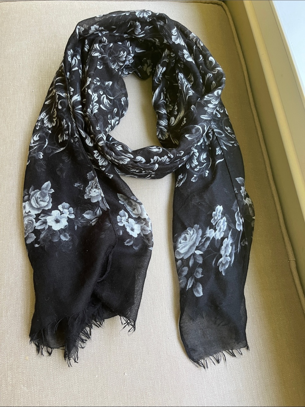 Black Scarf with White Floral Scroll Print
